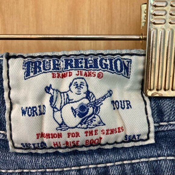 TRUE  RELIGION Sz 25 World Tour High Rise Boot Blue Bling Jeans - Picture 8 of 8